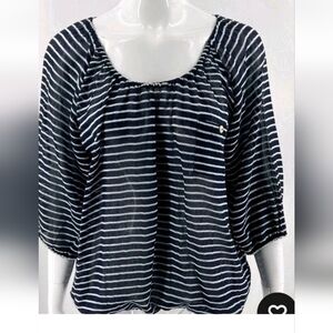 J Crew Sheeer Blouse Medium Women Navy Blue White Striped Cotton See Thru